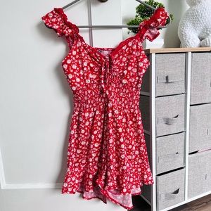 Red ruffle floral romper